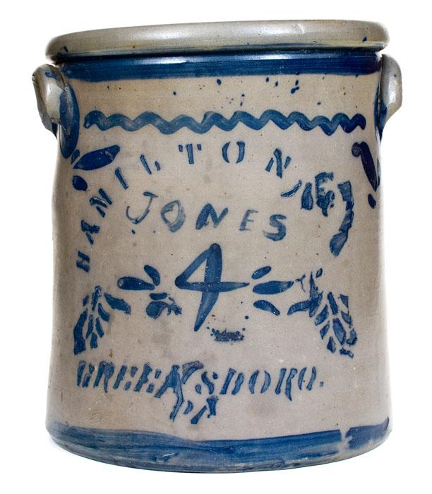 Four-Gallon Hamilton & Jones Stencil and Freehand: Unusual Four-Gallon Cobalt-Decorated Stoneware Crock, Marked "HAMILTON & / JONES / GREENSBORO. / PA", circa 1875, cylindrical crock with tooled shoulder, semi-rounded rim, and applied lug handles, fea