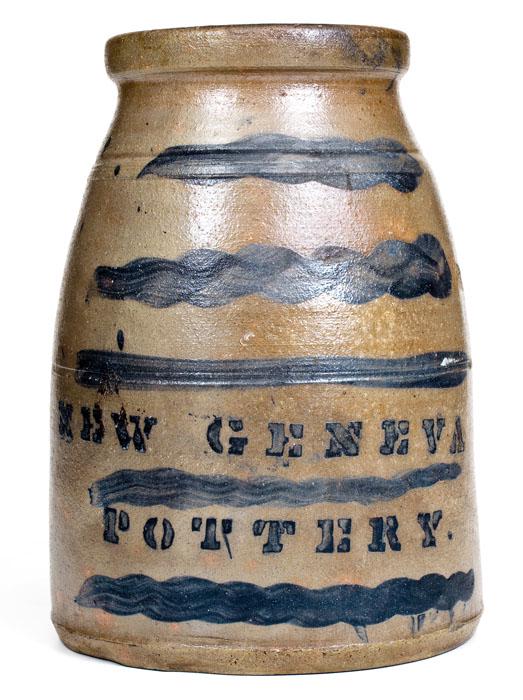 NEW GENEVA POTTERY Stoneware Wax Sealer with Striped: Cobalt-Decorated Stoneware Canning Jar, Stenciled "NEW GENEVA POTTERY", New Geneva, PA origin, circa 1875, tapered jar with tooling to midsection and shoulder and semi-rounded wax sealer rim, the fron