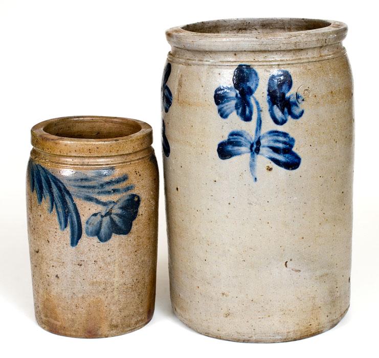 Lot of Two: 1/2 Gal. and 2 Gal. Baltimore Stoneware: Two Cobalt-Decorated Stoneware Jars, Baltimore, MD origin, second half 19th century, both of cylindrical form, a half-gallon jar with hanging flower and swag decoration and a two-gallon jar with doubl