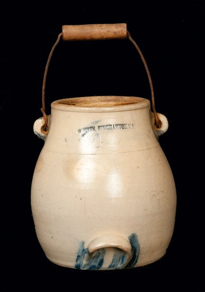 W. ROBERTS BINGHAMPTON Stoneware Batter Pail: Cobalt-Decorated Stoneware Batter Pail, Stamped "W. ROBERTS / BINGHAMTON," New York State origin, circa 1875, ovoid form with tubular pouring spout, handle at base, and applied wood and metal handle, 