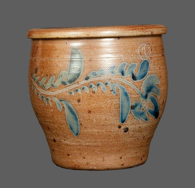 Stoneware Cream Jar att. D. P. Shenfelder, Reading, PA: One-Gallon Stoneware Cream Jar with Cobalt Floral Decoration, attributed to D.P. Shenfelder, Reading, PA, circa 1870, ovoid jar with tooled shoulder and flattened rim, decorated with a wavy vine motif