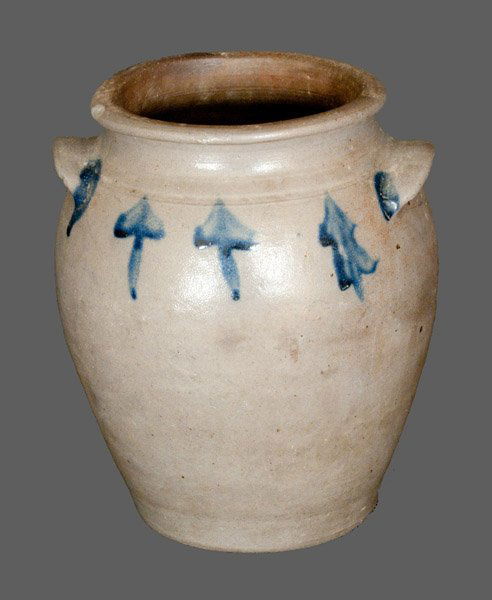 One-Gallon Stoneware Jar with Tassel Decoration, James: One-Gallon Cobalt-Decorated Stoneware Jar, James River Valley, VA origin, circa 1820, ovoid jar with tooled shoulder, flattened rim, and applied tab handles, decorated on the front and back with tasse
