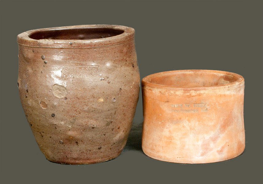Lot of Two: S. BELL & SON Stoneware Cream Jar and JOHN: Two Pieces of Bell Pottery, Waynesboro, PA and Strasburg, VA origin, late 19th century, a redware flue liner, marked "JOHN W. BELL / Waynesboro, Pa.," paired with a one-gallon stoneware jar, marked "S