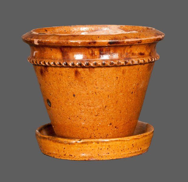 Berks County, PA Redware Flowerpot, Marked "LKT": Rare Glazed Redware Flowerpot, Marked "LKT," Louis K. Tomlinson, Berks County, PA, late 19th century, tapered pot with attached saucer and coggled shoulder molding, the rim and shoulder decorated with