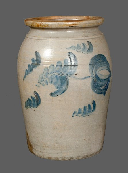 Extremely Rare D.S. ANDERSON Western PA Stoneware Crock: Extremely Rare Two-Gallon Stoneware Jar with Cobalt Floral Decoration, Stamped "D.S. ANDERSON," David Anderson, Perryopolis, PA, circa 1860, skillfully-potted jar with semi-ovoid form, tooled shoulder