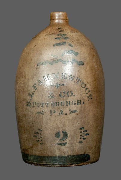 B. F. FAHNESTOCK / PITTSBURGH, PA Stoneware Jug: Scarce Two-Gallon Stoneware Jug with Pittsburgh, PA Advertising, Western PA origin, circa 1875, semi-ovoid jug with tooled spout, featuring the stenciled cobalt advertising "B.F. FAHNESTOCK / & CO. /