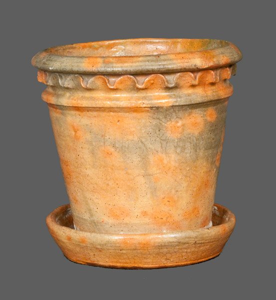 Rare Galena, IL Redware Flowerpot with Crimped Rim: Rare Large-Sized Redware Flowerpot, Galena, IL origin, second half 19th century, tapered pot with attached saucer and finely-formed shoulder with crimped molding. Surface covered in a lead glaze over