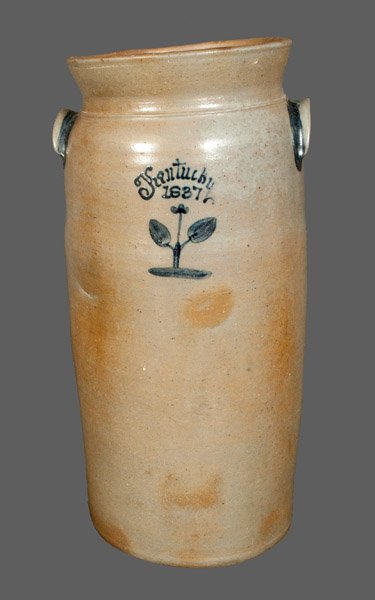 Rare and Important Monumental Stoneware Churn, I. THOMA: Very Rare and Important Eight-Gallon Stoneware Churn with Cobalt Inscription and Date "Kentucky 1837," Stamped "I. THOMAS," Isaac Thomas, Maysville, KY, narrow-bodied, cylindrical churn with flared ri