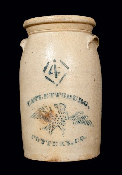Very Rare CATLETTSBURG (KENTUCKY) POTTERY CO. Stoneware: Exceptional Four-Gallon Stoneware Churn with Cobalt Stenciled Eagle Decoration, Stenciled "CATLETTSBURG. POTTERY. CO.," John Dillon, J.W. Dillon, and Thomas Marr, Catlettsburg, Kentucky origin, circa 