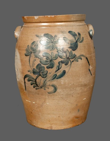 Rare 8 Gal. Baltimore Stoneware Crock with Floral Decor: Very Rare Eight-Gallon Stoneware Jar with Elaborate Cobalt Floral Decoration, Baltimore, MD origin, circa 1870, massive-sized ovoid jar with heavily-tooled shoulder, squared rim, and applied lug handl