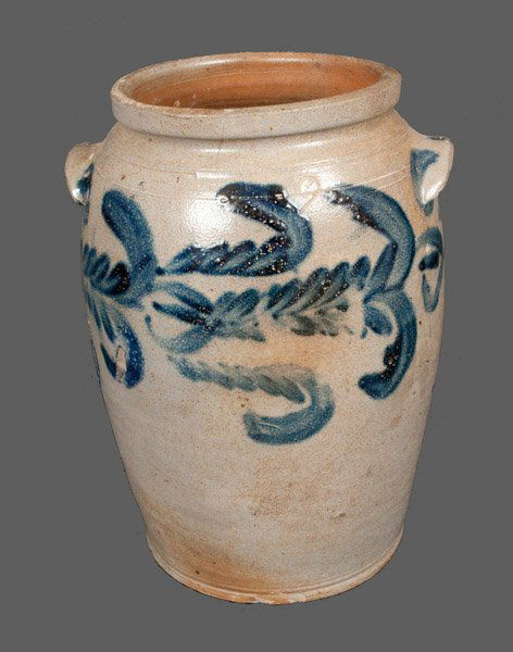 Two-Gallon Baltimore Stoneware Crock, circa 1830: Two-Gallon Stoneware Jar with Cobalt Floral Decoration, Baltimore, MD origin, circa 1830, ovoid jar with tooled shoulder, semi-squared rim, and applied tab handles, decorated with brushed cobalt tulip