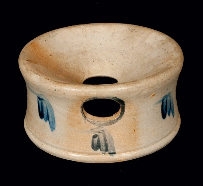 Baltimore, MD, Stoneware Spittoon: Cobalt-Decorated Stoneware Spittoon, Baltimore, MD origin, second half 19th century, with footed base and carved oval-shaped opening at shoulder. Body decorated with a series of brushed cobalt flowers