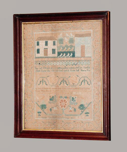 Outstanding 1815 Architectural Needlework Sampler, prob: Fine Architectural Needlework Sampler Featuring Houses Flanking a Flock of Birds, Signed and Dated “Elizabeth Edmonds / 1815,” Maryland origin, probably Washington County, featuring a rare design