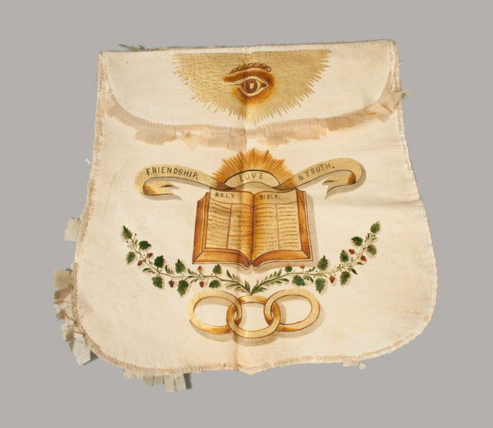 Rare Elaborate Painted Leather Odd Fellows Banner, Sign: Rare Elaborately-Painted Odd Fellows Banner, Signed Henry Kelly, Frederick, MD, mid 19th century, on leather with linen backing, well-executed with a green and brown acorn branch accented with gold th