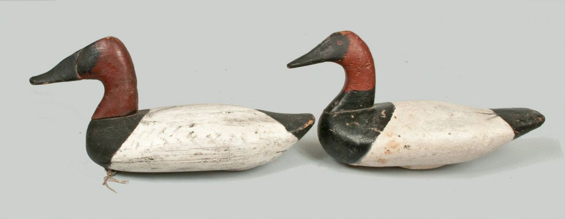 Two Canvasback Drake Duck Decoys, Havre de Grace, MD: Two Canvasback Drake Duck Decoys, Havre de Grace, MD, second quarter 20th century, a James Currier example in a semi-high-head form with Roman nose, in old working repaint, second quarter 20th century