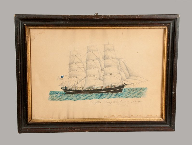 Pencil and Watercolor Drawing of the American Ship "The: Pencil and Watercolor Drawing of the American Ship "The Able," Signed and Dated "Drawn by Theodore Garvell . the 27 of Oct. 1871," featuring a three-masted war ship with eagle figurehead and waving Am