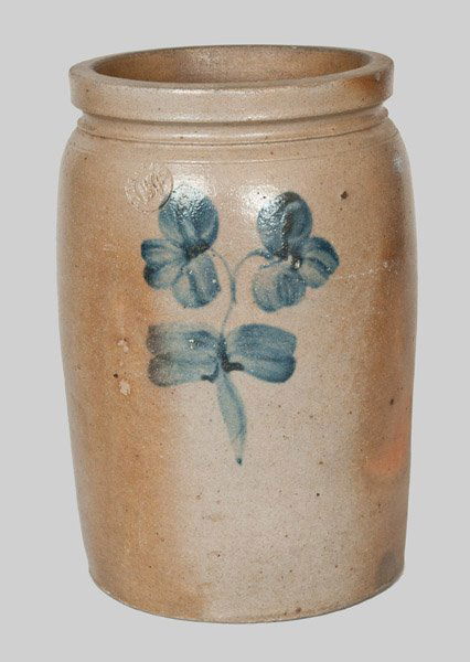 One-and-a-Half Gallon P. HERRMANN, Baltimore Stoneware : One-and-a-Half-Gallon Stoneware Jar with Cobalt Clover Decoration, Stamped "P. HERRMANN," Baltimore, MD, circa 1880, cylindrical jar with rounded shoulder and squared rim, decorated on the front and b