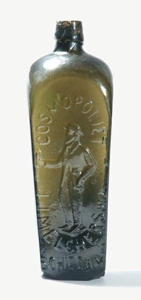 Rare COSMOPOLIET / J. J. MELCHERS / W Z SCHIEDAM Emboss: COSMOPOLIET / J. J. MELCHERS W Z / SCHIEDAM Gin Bottle with Embossed Man, Holland, 1880-1890, with embossed depiction of a hatted man with one hand on hip, the other raising a gin bottle, the figure s