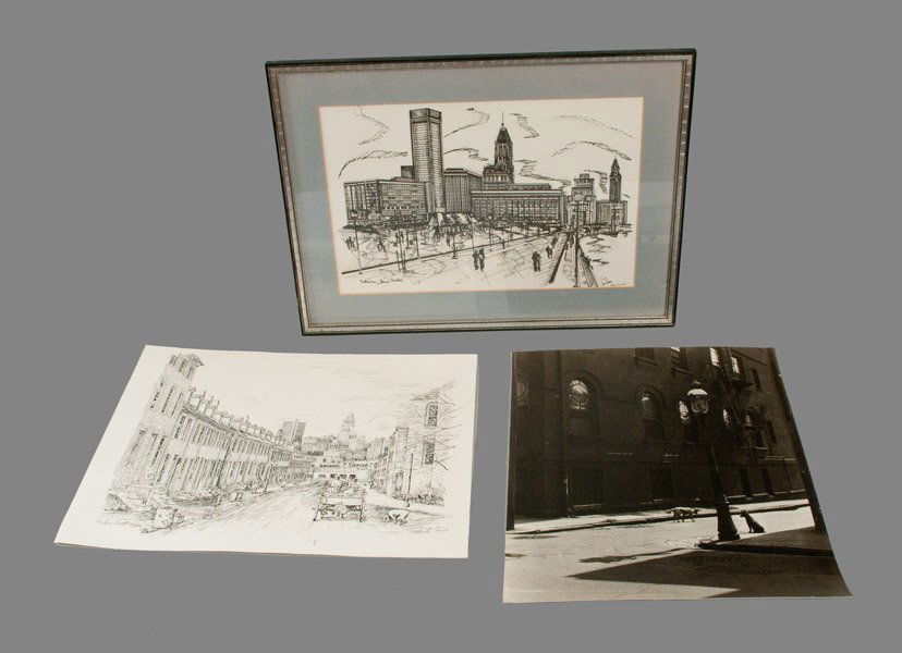 Four Baltimore-Related Articles: Four Baltimore-Related Articles, 20th century, a signed Martin Barry print; a large photograph of Tyson Street; a "BALTIMORE in 1752" print, P.S. Duvall & Co., Philadelphia, dated 1856; and a print of