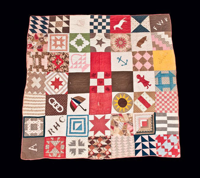 Cotton Appliqued Sampler Quilt with Pig and Horse Block: Appliqued Cotton Sampler Quilt including Pig and Horse Blocks, American, late 19th century, composed of various squarews and motifs, including a pig, a horse, an anchor, a woman, a sunflower blossom,