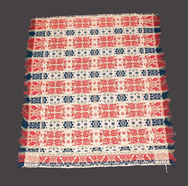 Red, Green and Blue Double-Sided Coverlet w/ Bird Borde: Red, Green, and Blue Double-Sided Coverlet with Bird Border, Signed "MADE BY J. WITMER / MANOR TOWNSHIP / FOR ISAAC HABECKER / 1837," Pennsylvania origin, featuring various cream-colored floral motifs