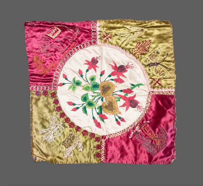 Rare Crazy Quilt Square with Baby the Elephant, circa 1: Rare Crazy Quilt Square with Baby the Elephant, American, circa 1880, including an embroidered image of a weeping baby elephant with banner, inscribed "BABY," facing a little girl, underscored by the