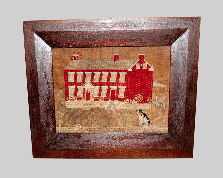 Fine Needlework Sampler Depicting House and Dog: Fine Needlework Sampler Depicting a House and Dog, mid 19th century, featuring a large three-chimneyed house in red with two sets of steps and a covered porch. Foreground with black-and-white dog and
