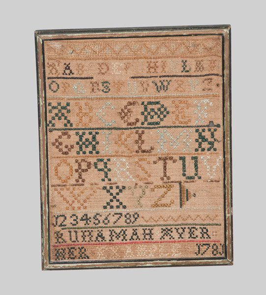 Small-Sized Needlework Sampler, "RUHAMAH MYER / HER EXA: Small-Sized Needlework Sampler, Signed and Dated "RUHAMAH MYER / HER EXAMPLE / 1780," featuring several multi-colored alphabetical rows, below sawtoothed banding. Base with row of numbers and the larg