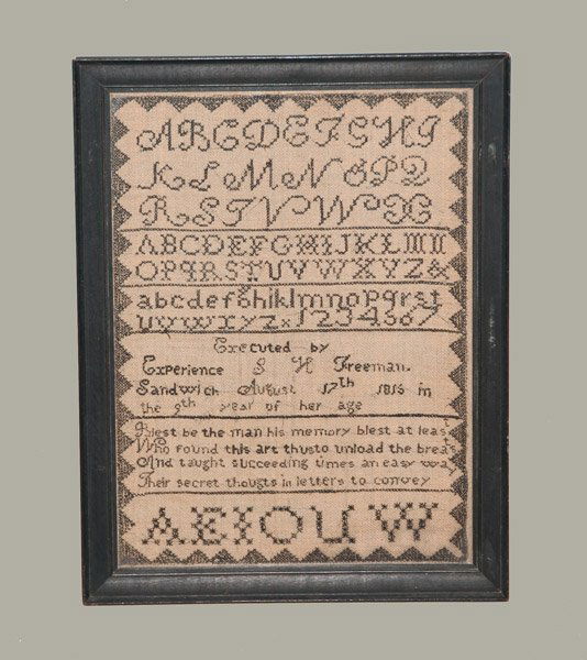 Needlework Sampler, Signed and Dated "S H Freeman / San: Needlework Sampler, Signed and Dated "S H Freeman / Sandwich / 1815," in black over a natural ground, featuring alphabetical rows and a poem at base, the center inscribed "Executed by / Experience S H