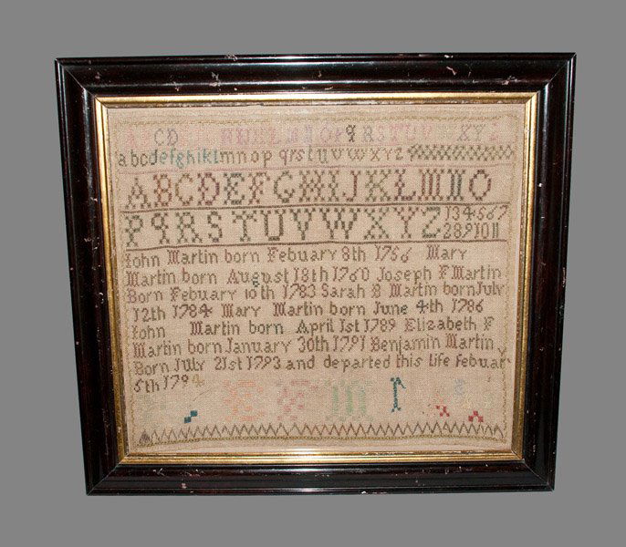 Martin Family History Needlework Sampler, English, c179: Large-Sized Needlework Sampler Featuring the Martin Family History, English, circa 1794, the upper portion with alphabetical rows, the remainder featuring the Martin family history spanning the years