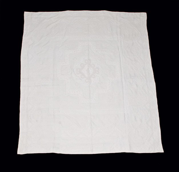 Deborah B. Elliot Candlewick Bedspread, Dated 1818: Candlewick Bedspread, Signed and Dated "Deborah B. Elliot / 1818," cotton thread on cotton, featuring a central lobed medallion with tree and floral border on four sides. One side signed "Deborah B. E