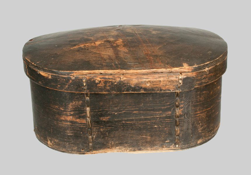 Black-Painted Bentwood Box, probably European, 19th cen: Black-Painted Bentwood Box, probably European, 19th century, oval bentwood box with splint binding and heavy carved lid in old black-painted surface. Typical wear to surface. Some shallow losses to ed