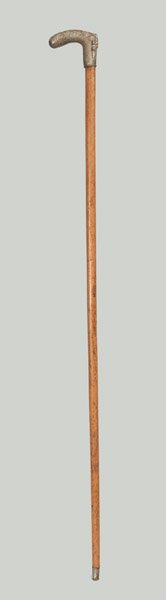 Civil War Veteran's Cane, American, late 19th century: Civil War Veteran's Cane, American, late 19th century, with wooden shaft and molded pewter handle featuring an eagle above crossed cannons, cannon balls, and an American flag. Handle further decorated