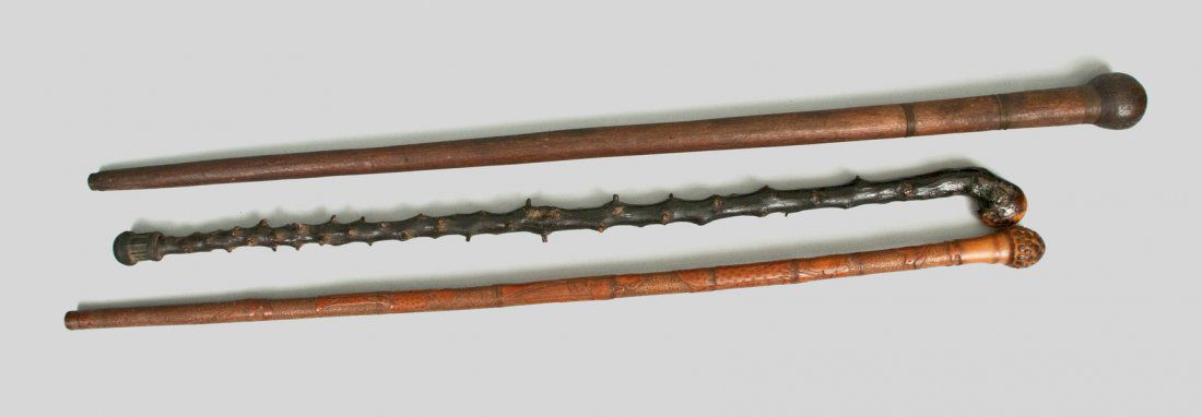 Lot of Three: Wooden Canes incl. Example with Relief Ca: Three Carved Wooden Canes, 19th or early 20th centuries, one with finely-detailed Asian motifs, including figures in robes holding fans, a bird, and a dog; one tapered wooden example with wire accents