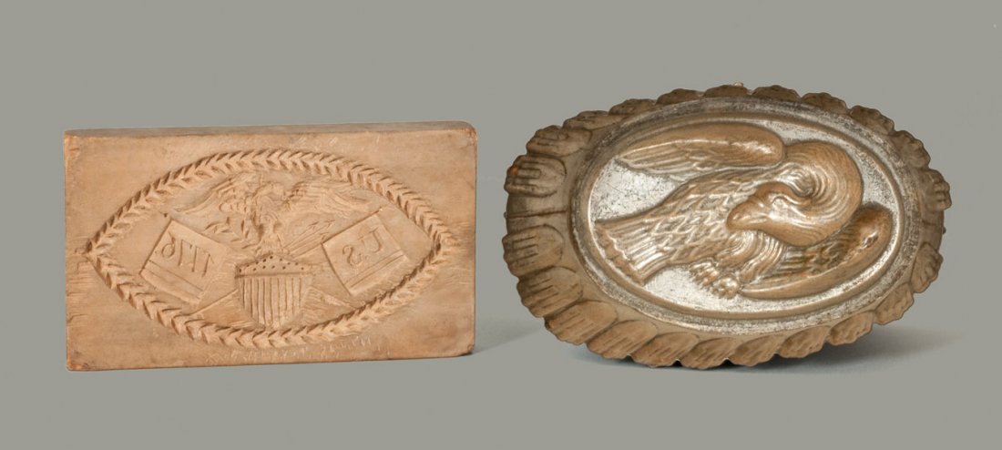 Butter Print and Tin Food Mold with Eagle Motifs, late : Butter Print and Tin Food Mold with Eagle Motifs, American, late 19th century, including a butter Print with federal eagle design, inscribed "U.S. / 1776," circa 1876, depicting a spread-winged eagle 