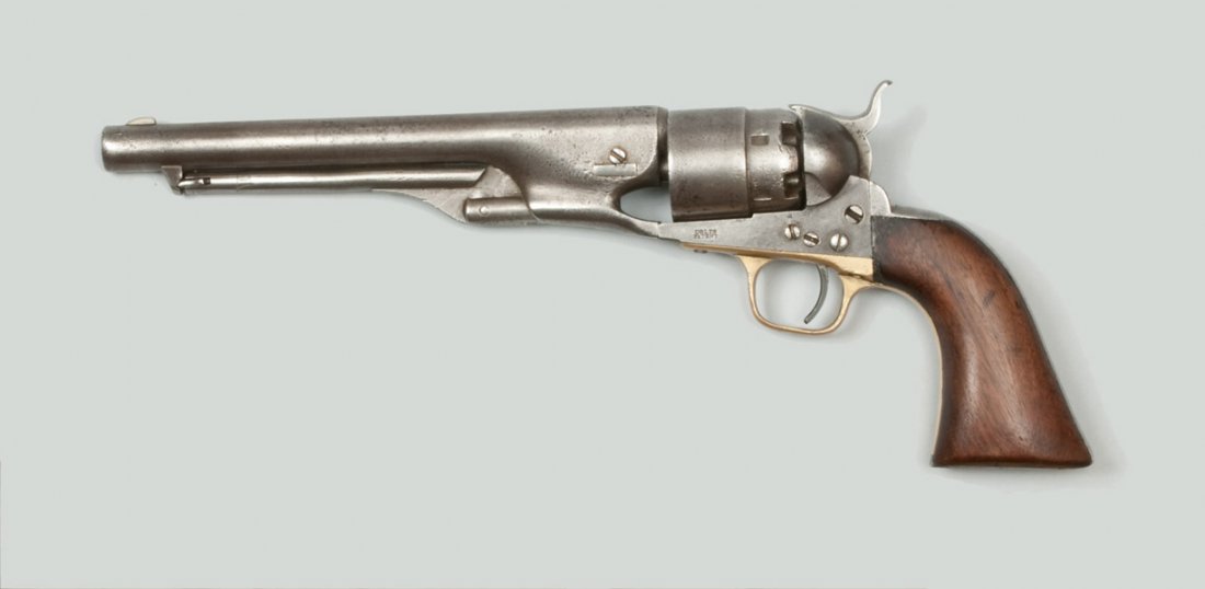 Colt 1860 Army Revolver: Colt 1860 Army Revolver, 8" round barrel. Top of barrel marked "ADDRESS COL. SAML. COLT NEW-YORK US ARMY" and side of frame marked "COLTS PATENT." Serial numbers don't match. Serial number 33621 on ba
