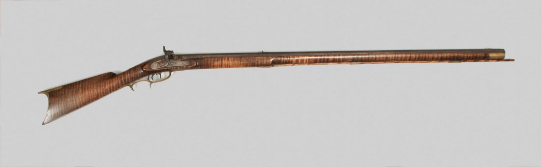 Samuel McCosh / Pittsburgh Rifle with Tiger Maple Stock: Percussion Rifle, Samuel McCosh, Pittsburgh, PA, 1853-1868, 37" octagonal barrel mounted on tiger maple stock with two silver inlaid ovals, and brass muzzle cap, ramrod pipes, trigger guard, sideplate