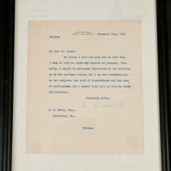 Signed Letter from Theodore Roosevelt to Bernard N. Bak: Theodore Roosevelt Hand-Signed Letter, with Two Additional Letters to Roosevelt, 1915, the first a letter from Roosevelt to Bernard N. Baker, on Oyster Bay, Long Island, N.Y. letterhead, Dated Novembe
