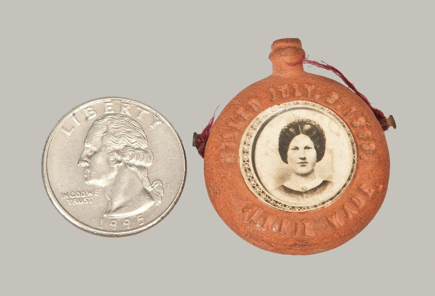 Rare Miniature JENNIE WADE Redware Canteen from Gettysb: Rare Miniature JENNIE WADE Redware Memorial Canteen Made from Gettysburg Battlefield Clay, attributed to Speese & Son, Gettysburg, PA, late 19th century, molded canteen with applied image of Annie Wad