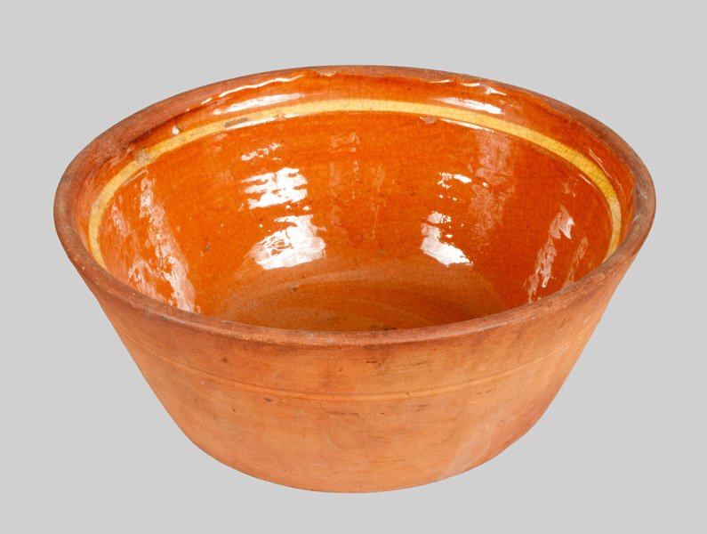 Glazed Redware Pan, probably Pennsylvania, late 19th ce: Glazed Redware Pan, probably Pennsylvania, late 19th century, with tapered sides and lead-glazed interior, the interior shoulder accented with a band of yellow slip. Excellent condition with a thin, 5