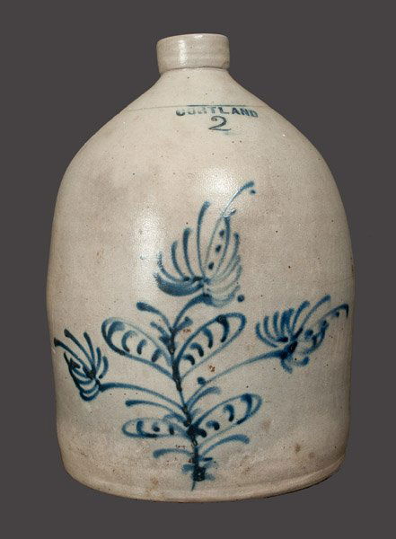 2 Gal. CORTLAND Stoneware Crock with Slip-Trailed: Two-Gallon Stoneware Jug with Cobalt Floral Decoration, Stamped "CORTLAND," Madison Woodruff and Romanzo Smith, New York State origin, circa 1867-1869, squat-shaped jug with tooled shoulder and square