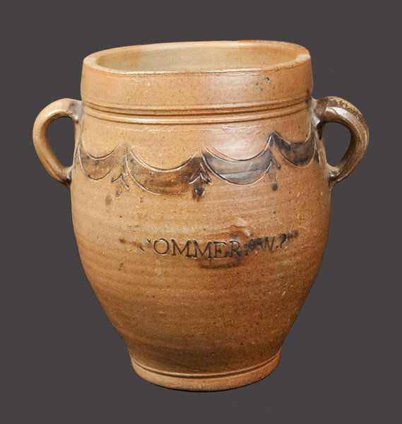 Very Rare One-Gallon Vertical-Handled COMMERAWS /: Very Rare One-Gallon Vertical-Handled Stoneware Jar, Stamped "COMMERAWS / STONEWARE," Manhattan, NY origin, circa 1805, ovoid stoneware jar with rounded foot, tooled shoulder, and applied vertical loo