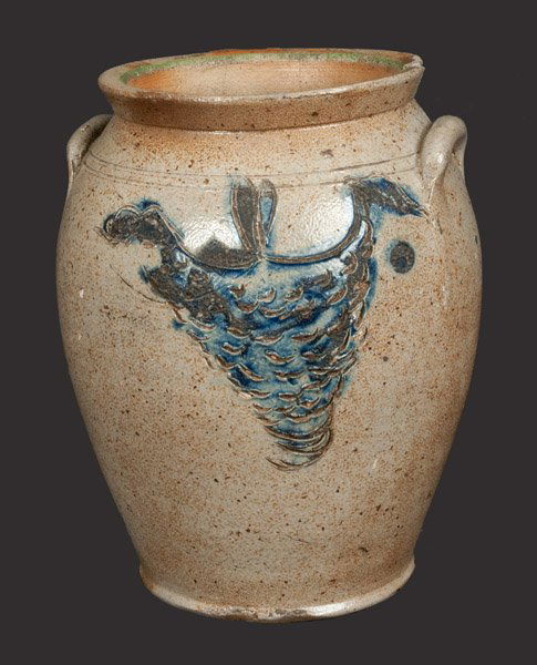 1/2 Gal. Early Ovoid Stoneware Jar with Incised Honey: Unusual Half-Gallon Stoneware Jar Incised Decoration, Northeastern U.S. origin, circa 1820-1835, ovoid jar with footed base, tooled shoulder, flared rim, and applied lug handles, decorated on the fron
