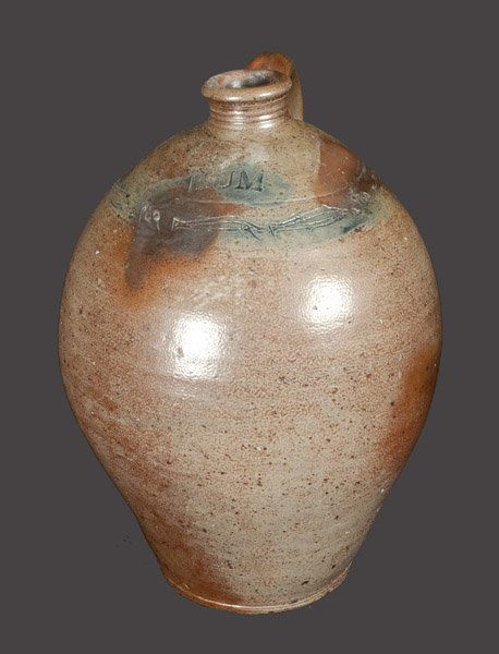 Old Bridge, NJ Stoneware Jar with Coggled Fish: Rare One-Gallon Stoneware Jug with Coggled Fish Decoration, Impressed "RUM," attributed to the Morgan / Van Wickle Pottery, Old Bridge, NJ, early 19th century, ovoid jug with tooled shoulder and heavi