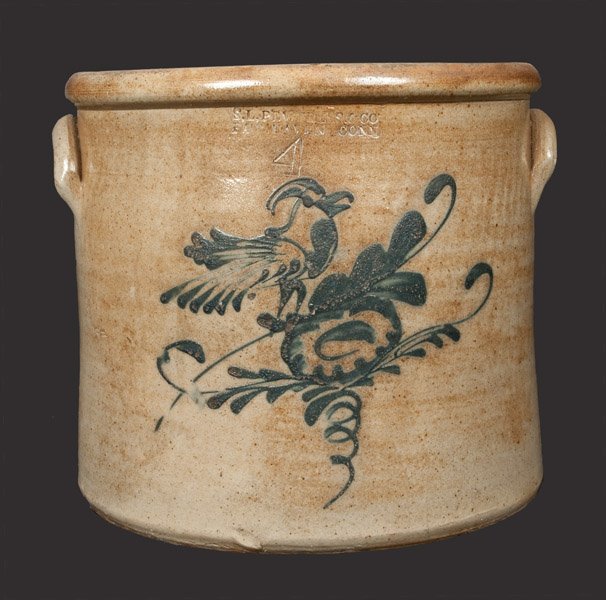 S. L. PEWTRESS / NEW HAVEN, CT Stoneware Crock with: Four-Gallon Stoneware Crock with Cobalt Bird Decoration, Stamped "S.L. PEWTRESS & CO. / FAIR HAVEN, CONN.," Connecticut origin, circa 1870, cylindrical crock with rounded rim and applied lug handles, 