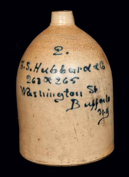2 Gal. Buffalo, NY Stoneware Advertising Jug by LYONS: Two-Gallon Buffalo, NY Stoneware Advertising Jug, Stamped "LYONS CO-OPERATIVE POTTERY CO. LIMITED," New York State origin, late 19th century, cylindrical jug with semi-squared spout, featuring the sli