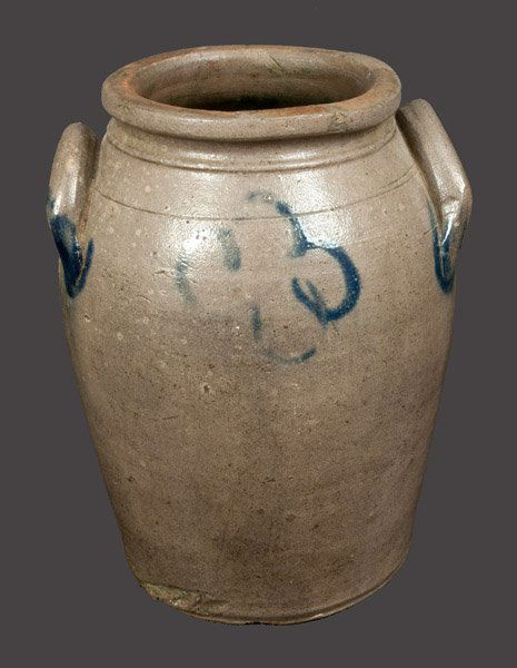 1 Gal. James River, VA Stoneware Crock att. Stephen B.: One-Gallon Stoneware Jar with Cobalt Floral Decoration, attributed to Stephen B. Sweeney, Henrico County, VA, mid 19th century, ovoid jar with tooled shoulder, squared rim, and applied lug handles, de