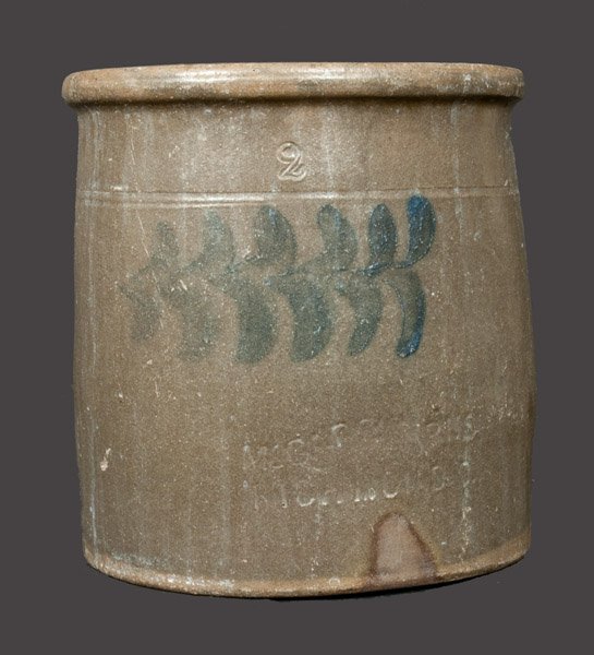 Rare McCAREL & BURNS / RICHMOND, OH Stoneware Crock: Rare Two-Gallon Richmond, OH Stoneware Advertising Crock, Beaver, PA origin, circa 1875, cylindrical crock with tooled shoulder and rounded rim, decorated with a brushed cobalt foliate design above th