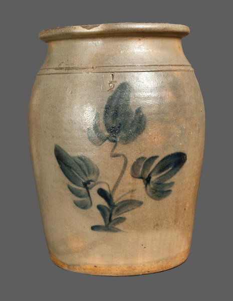 1 1/2 Gal. Stoneware Jar with Floral Decoration,: One-and-a-Half-Gallon Stoneware Jar with Cobalt Floral Decoration, attributed to Kelin & Harbaugh, Beaver, PA, circa 1870, semi-ovoid jar with tooled shoulder and flattened rim, decorated with three l