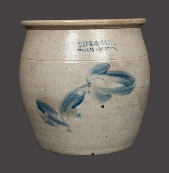 Stoneware Cream Jar with Floral Decoration Signed SIPE: One-Gallon Stoneware Cream Jar with Cobalt Floral Decoration, Stamped "SIPE & SONS / WILLIAMSPORT, PA," late 19th century, ovoid jar with tooled shoulder and flattened rim, decorated with a large brus